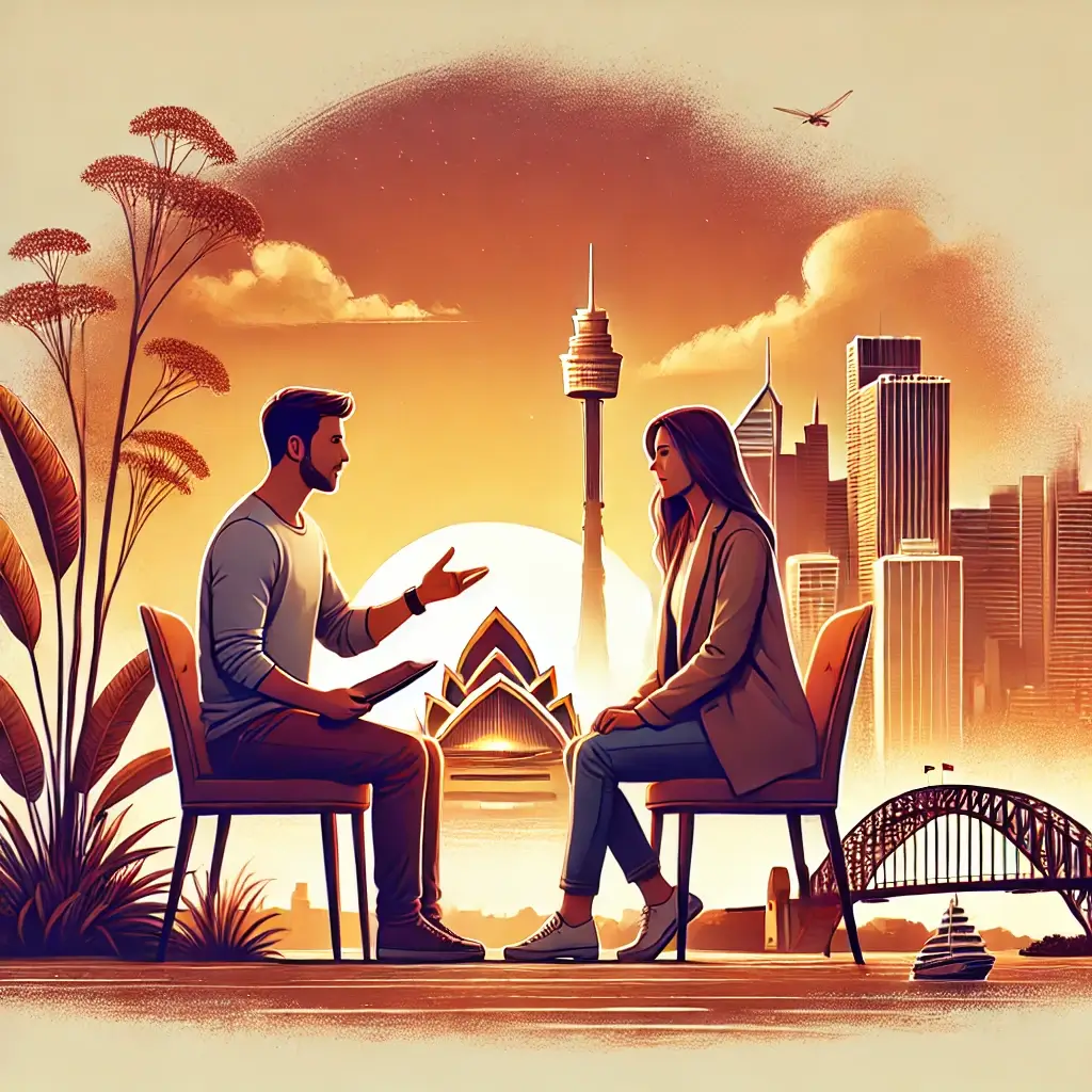 Two people sit and converse about life coaching in Sydney with a backdrop of a stylized city skyline featuring landmarks like the Sydney Opera House and Harbor Bridge, framed by a sunset sky and silhouetted plants.