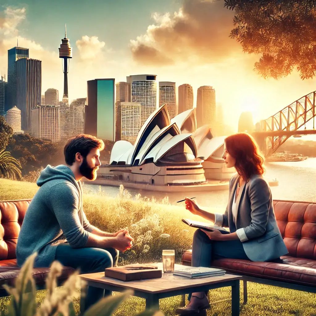 A man and woman discuss life coaching on a patio overlooking the Sydney Opera House, with the city skyline and Sydney Harbour Bridge offering a breathtaking backdrop at sunset.