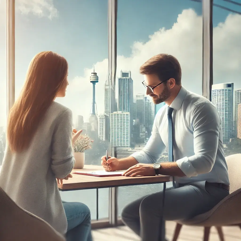 Two people sit at a table in an office with large windows, discussing and taking notes. The vibrant city skyline of Sydney serves as their backdrop, embodying the dynamic setting for life coaching sessions that inspire growth and transformation.