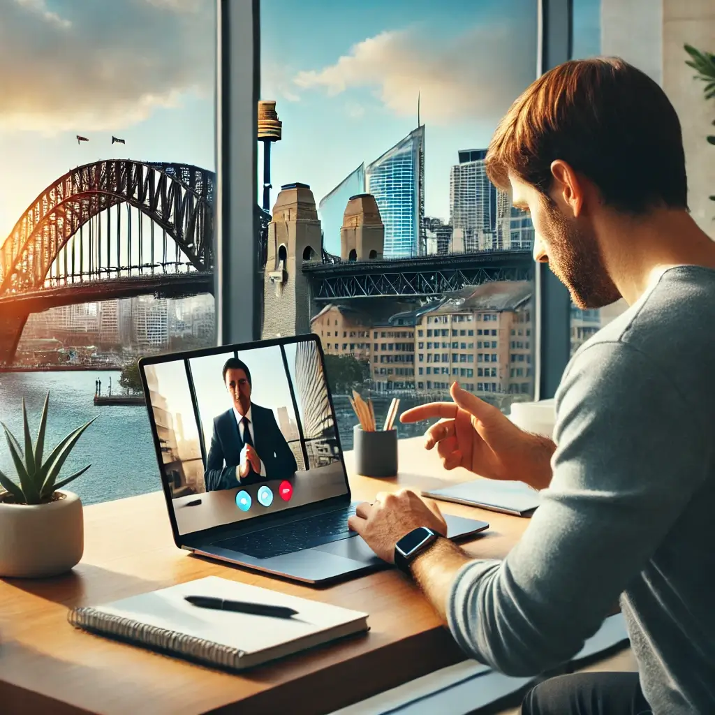 A man on a video call with a laptop at a desk, overlooking Sydney's iconic cityscape and bridge, engrossed in life coaching.