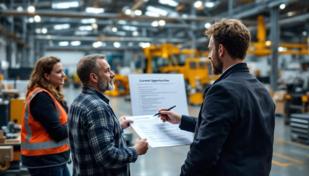 Three people in a warehouse discuss a document titled "Current Opportunities." One is in a plaid shirt, another in a suit, and the third in an orange safety vest. Machinery is visible in the background.
