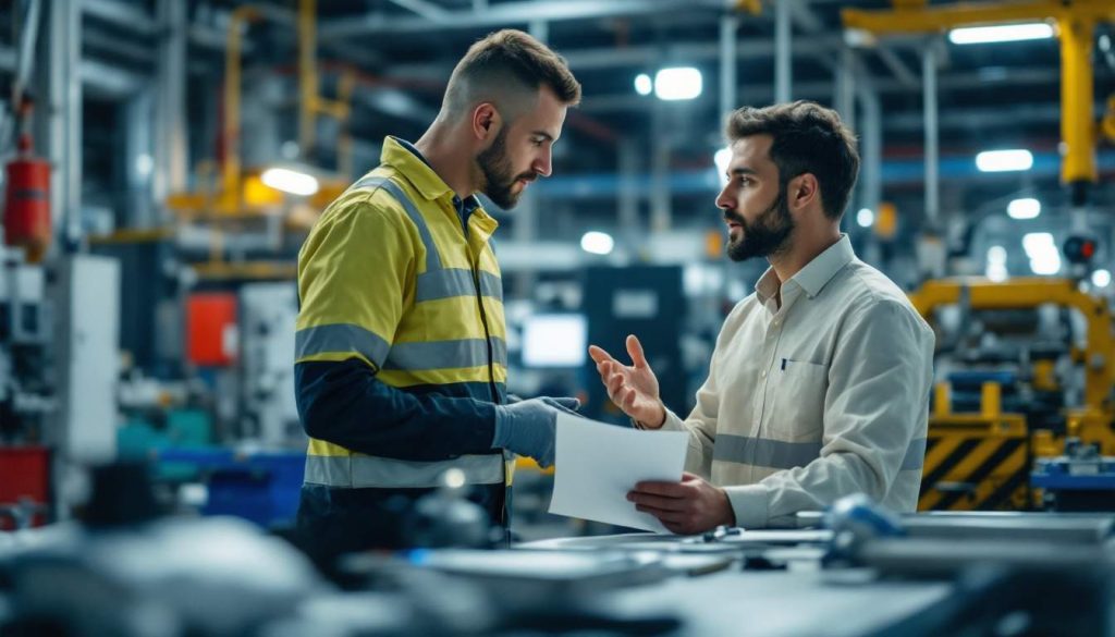 Two men stand in discussion in an industrial setting, one wearing a yellow high-visibility jacket and gloves and the other in a white shirt, holding documents. Machinery is visible in the background.