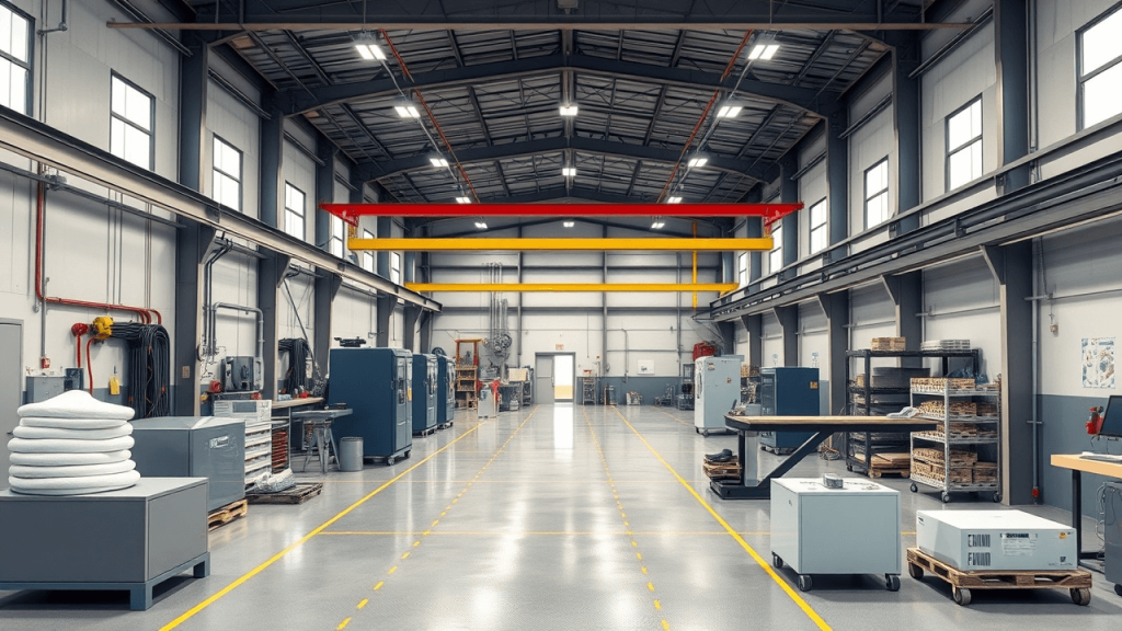 Interior of an industrial manufacturing facility with machinery, stacks of materials, and organized shelving. Yellow guide lines are marked on the polished concrete floor.