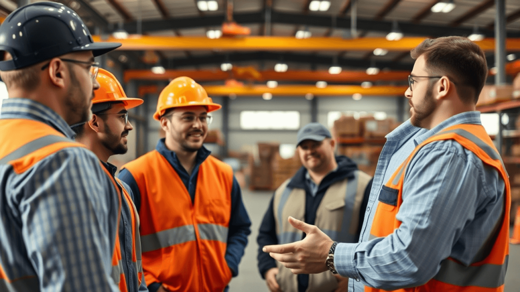Five construction workers wearing safety helmets and vests have a discussion in a warehouse setting.