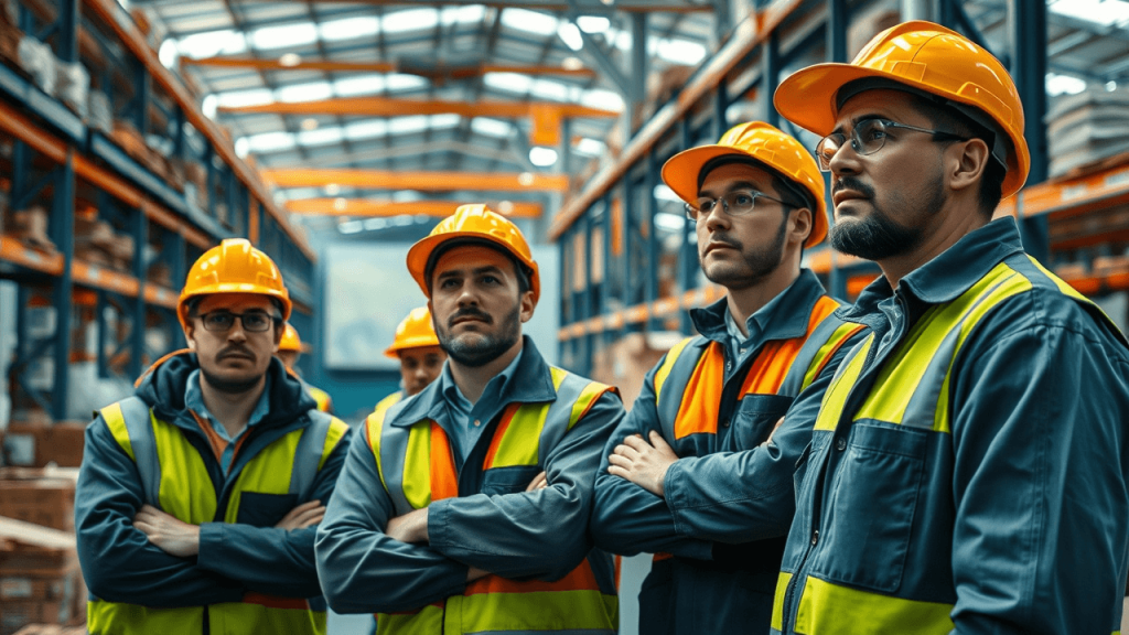 A group of four construction workers wearing hard hats and reflective vests stand indoors, looking attentively in the same direction. They are in a large warehouse or industrial facility.