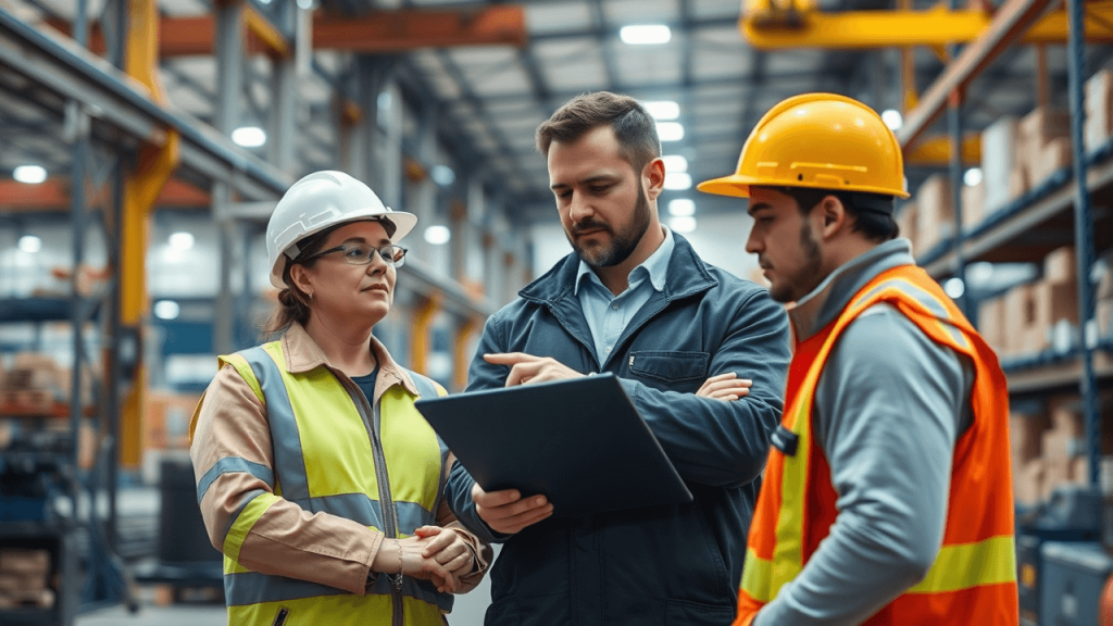 Three workers in safety gear discuss plans in a warehouse. One holds a clipboard, and they are surrounded by shelves and boxes.