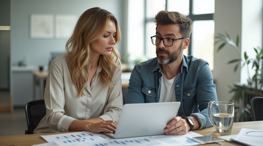 Two people sit at a table with a laptop and documents, discussing strategies for their small business with a marketing coach in an office setting.