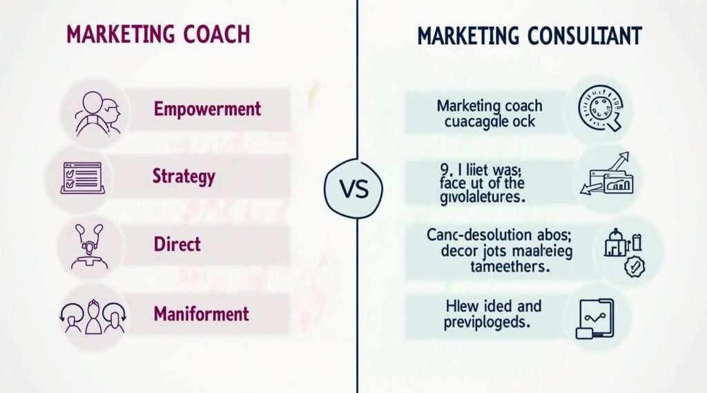Comparison chart: Small Business Marketing Coach vs. Marketing Consultant. Left side lists Empowerment, Strategy, Direct, Maniforment; right side has jumbled text with icons.