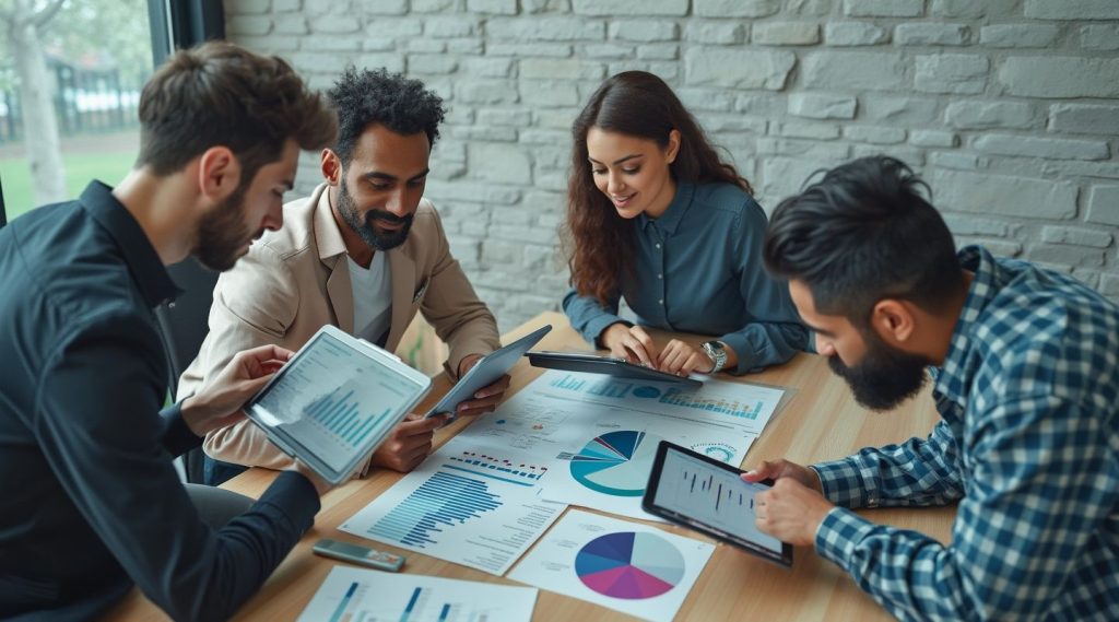 Four people, guided by a small business marketing coach, review charts and data on their tablets in a meeting room with a brick wall background.