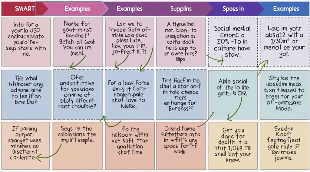 A colorful infographic, perfect for a small business marketing coach, includes text boxes with gibberish phrases and a column showcasing "SMART" categories: Specific, Measurable, Achievable, Relevant, Time-bound.