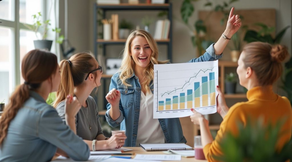 A group of four people in an office discuss a rising line graph on a chart, guided by a small business marketing coach. One person gestures enthusiastically.