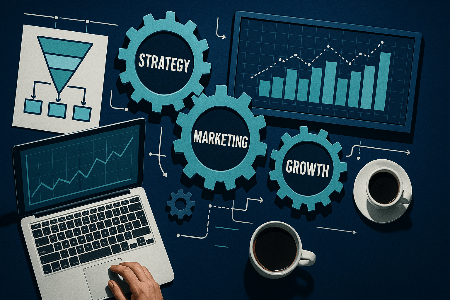 A laptop, two cups of coffee, and paper graphics showing gears labeled "Strategy," "Marketing," "Growth," and charts, suggesting a business planning or marketing strategy theme.
