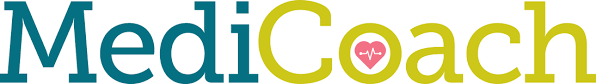 The word "MediCoach" is written in large letters; the first part is teal, and the second is lime. Perfect for an allied health business coach Brisbane, the "o" in "Coach" has a pink heart with a white dumbbell icon.