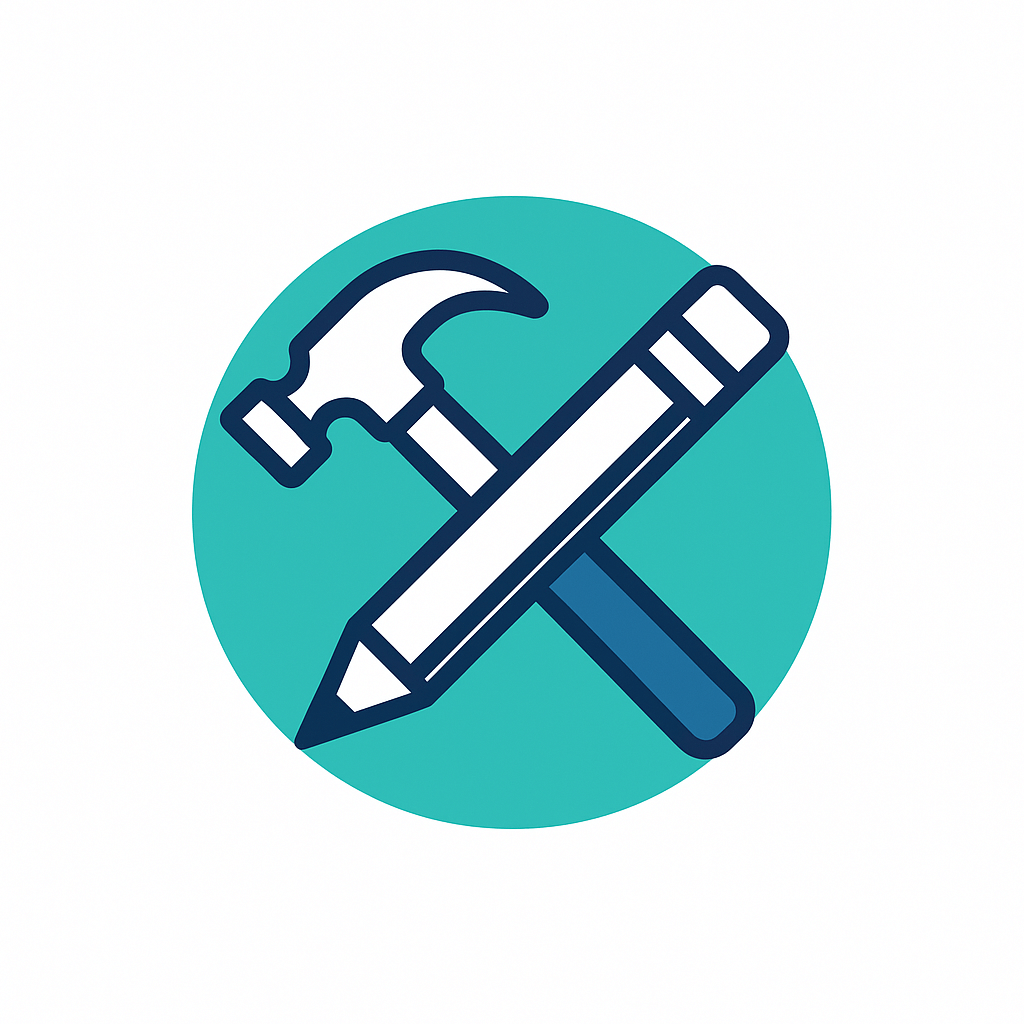A hammer and pencil crossed over each other in front of a teal circle on a white background, symbolizing creativity and growth for construction and tradie small business coaching in Brisbane