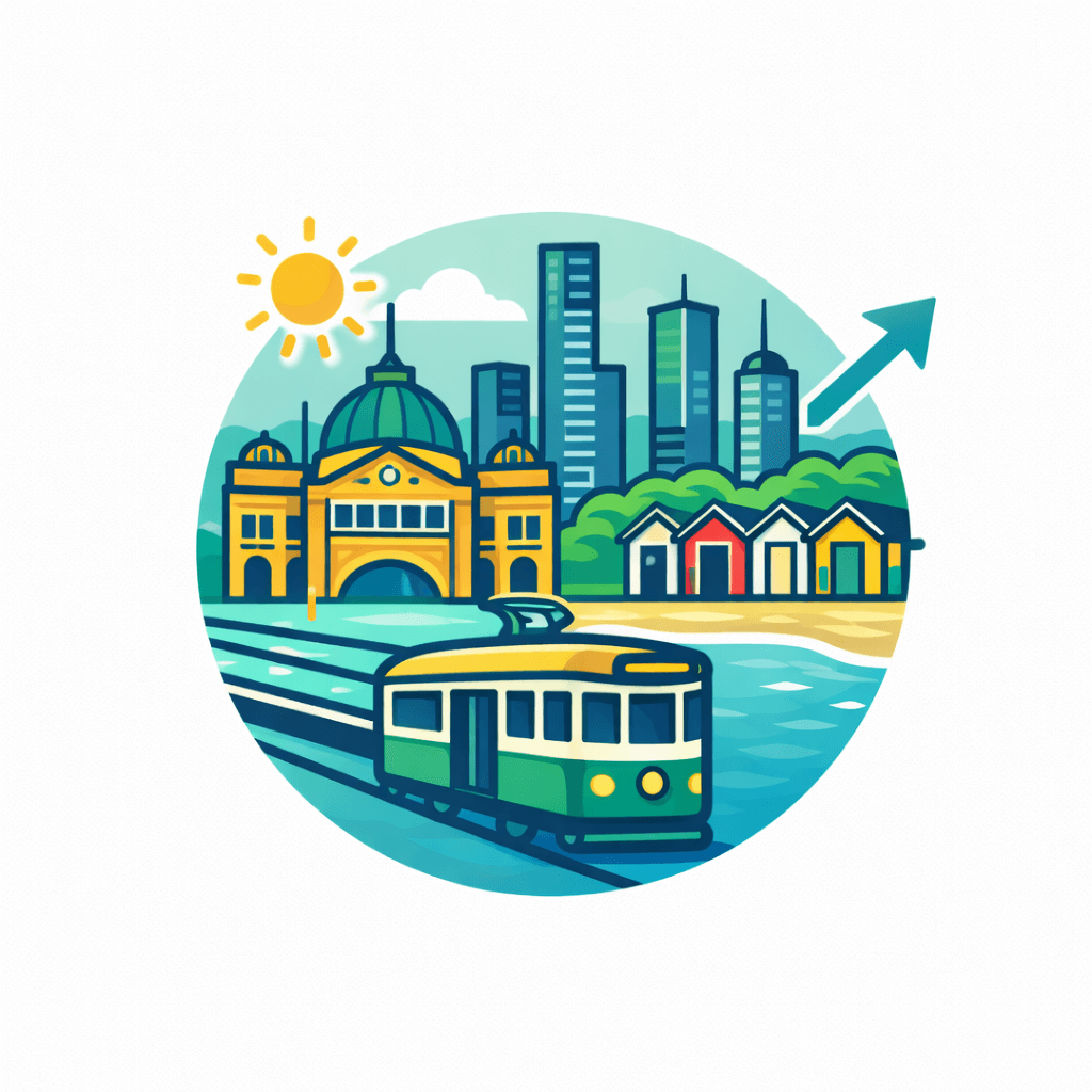Illustration of a Melbourne cityscape with a tram, iconic buildings, and beach huts, featuring a sun and upward arrow to symbolize growth or progress.