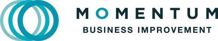 Logo for Momentum Business Improvement, featuring three overlapping teal circles on the left and the company name in bold, modern font to the right.