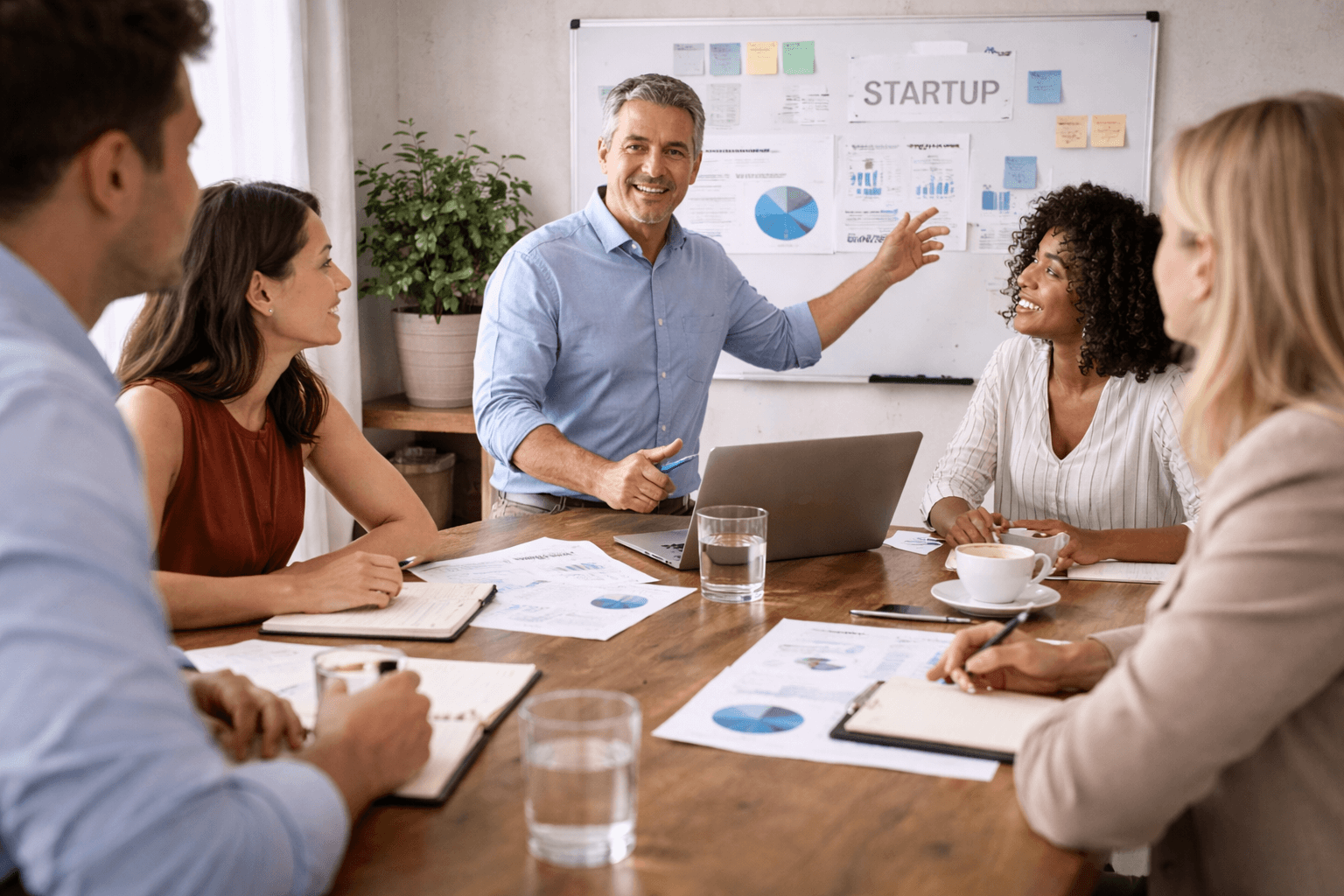 Five people are in a meeting room, sitting around a table with documents and laptops, while one man stands and presents charts and a "STARTUP" board in the background.