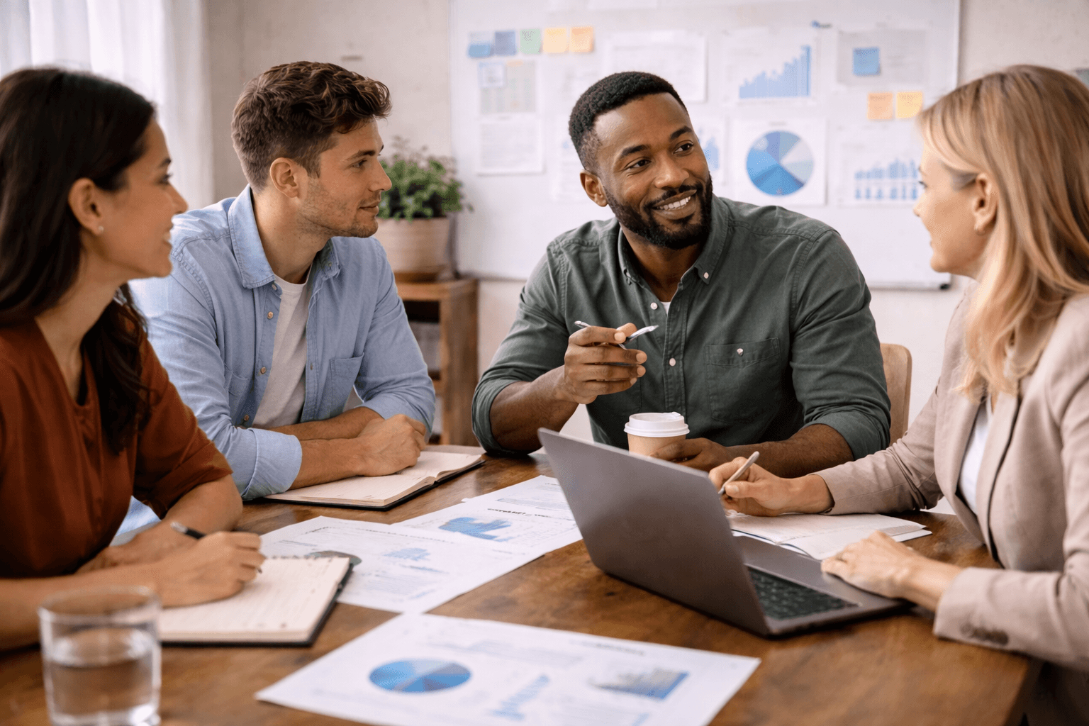 Four people have a business meeting at a table with documents, charts, a laptop, and coffee cups. One person is speaking while the others listen and take notes.