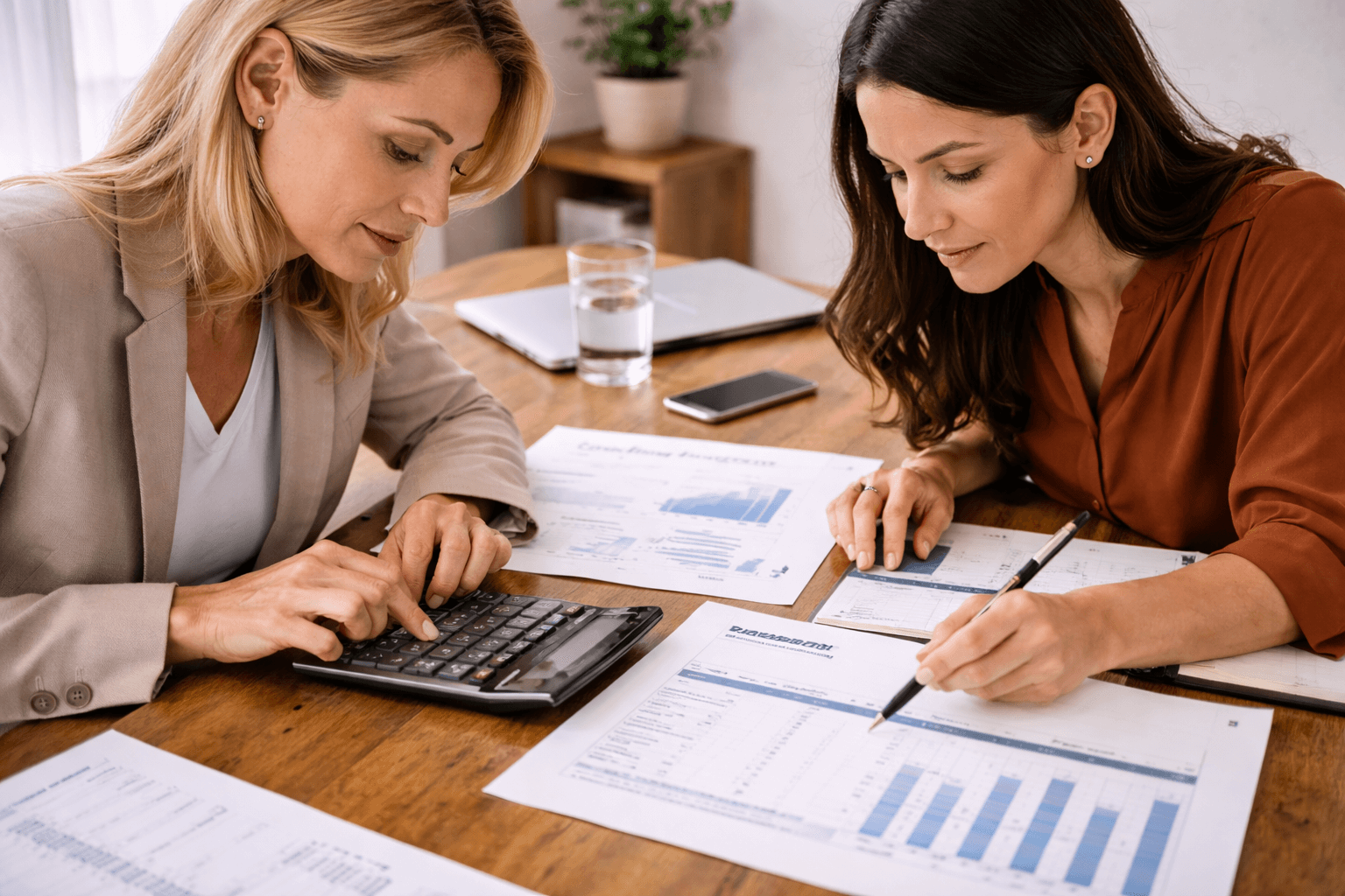 Two women sit at a table reviewing financial documents; one uses a calculator while the other points at a printed chart with a pen.