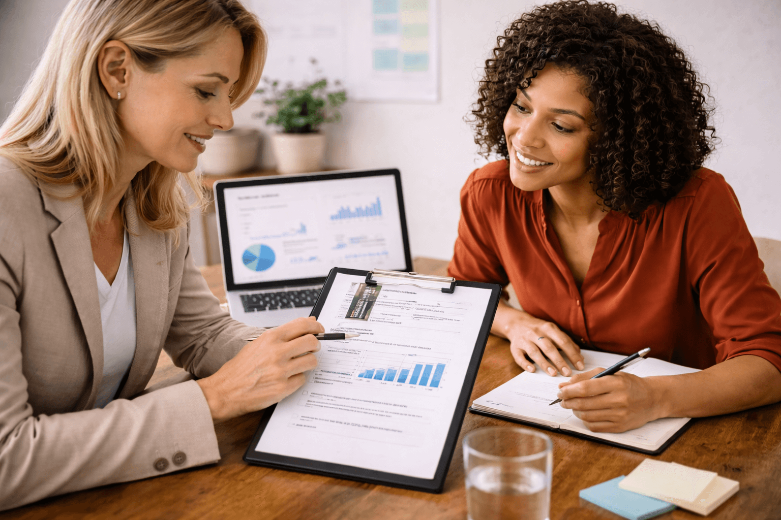 Two women sit at a desk reviewing financial charts and graphs on paper and a laptop. One points to a document while the other takes notes.
