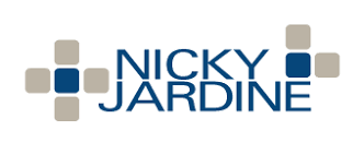 Logo with the text "NICKY JARDINE" in blue, surrounded by four beige square shapes forming a cross pattern on both sides, representing an allied health business coach Brisbane professionals trust.