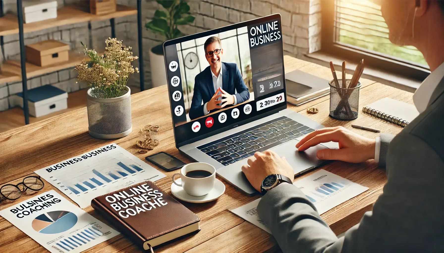 Person participating in an online business coaching session via laptop at a desk with charts, documents, a notebook labeled "Online Business Coach," a cup of coffee, and a smartphone.
