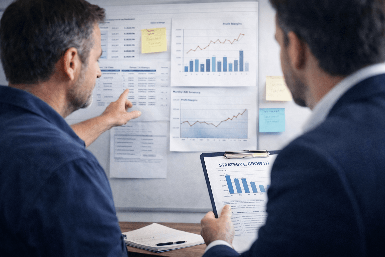 Two men in business attire review charts and graphs on a whiteboard and clipboard, discussing financial data and growth strategies in an office setting.