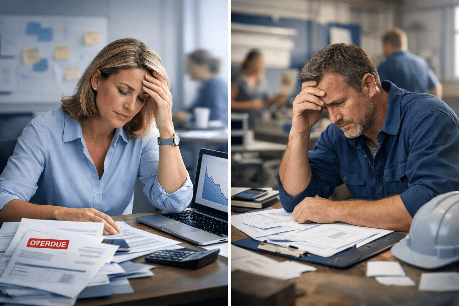 Two people sit separately at desks, looking stressed while reviewing overdue bills and paperwork, each with a hand on their forehead.