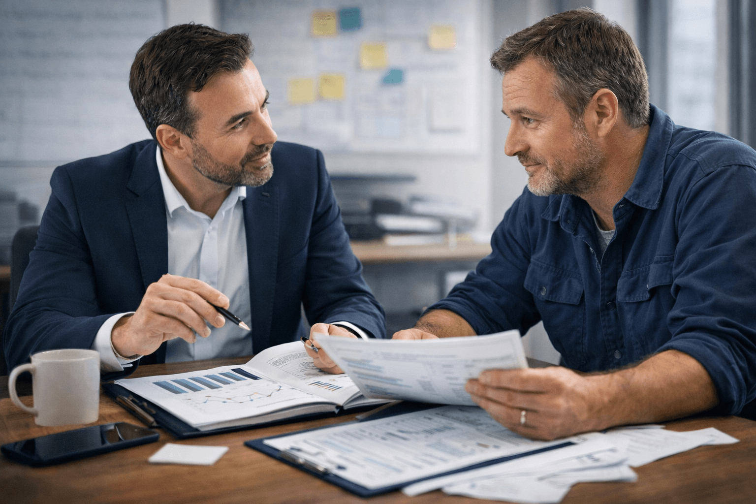 A man looking at another man holding a pen and papers during a business coaching Australia session.