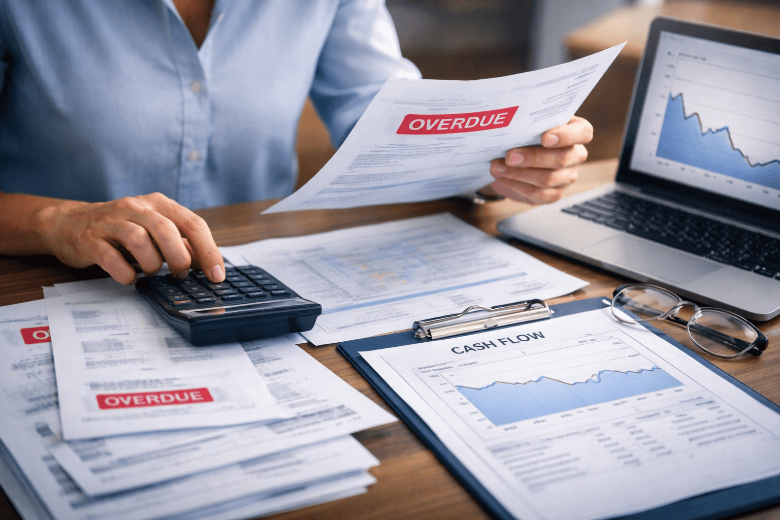 Person reviewing overdue bills and financial documents at a desk with a calculator and laptop displaying charts.