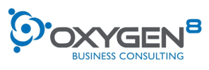 Logo for Oxygen8 Business Consulting, featuring a stylized blue molecule graphic to the left of the company name written in gray and blue text.