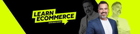 A man in a suit smiles in front of a yellow and black background with the text "Learn Ecommerce with Paul Mahony," highlighting his role as an ecommerce business coach Melbourne, with faded images of himself in the background.