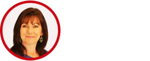 A woman with straight brown hair and earrings, pictured inside a red circular border on a white background, represents an accountant business coach in Perth.