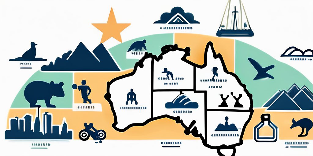 Illustration of Australian landmarks and cultural icons superimposed on a map of Australia, including personal trainer business coach clinics.