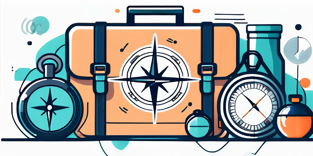 A stylized illustration featuring travel-themed icons such as a suitcase with a compass design, accompanied by various types of compasses and a timepiece, specially curated for the personal trainer or business coach on the