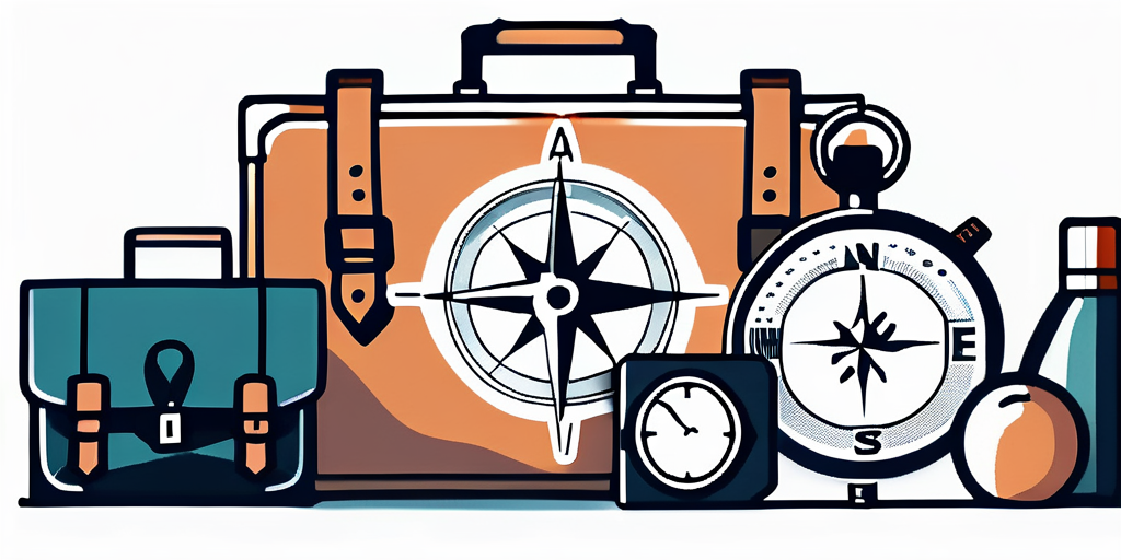 Assorted travel icons including luggage, a compass, and a watch, illustrating adventure and navigation themes for personal trainers.