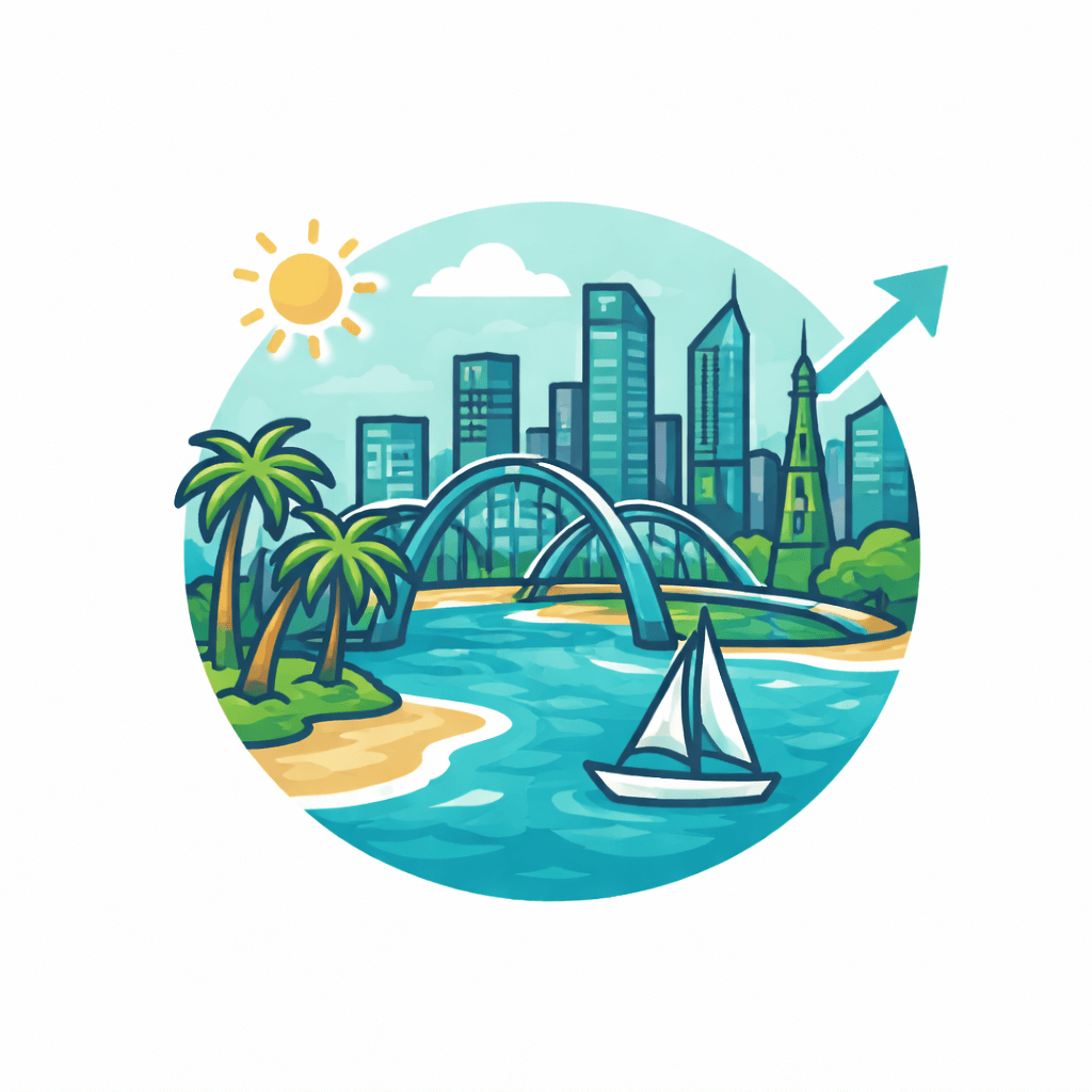 Illustration of Perth’s city skyline with tall buildings, a bridge, palm trees, a sailboat on the water, the sun shining, and an upward-pointing arrow in the sky.
