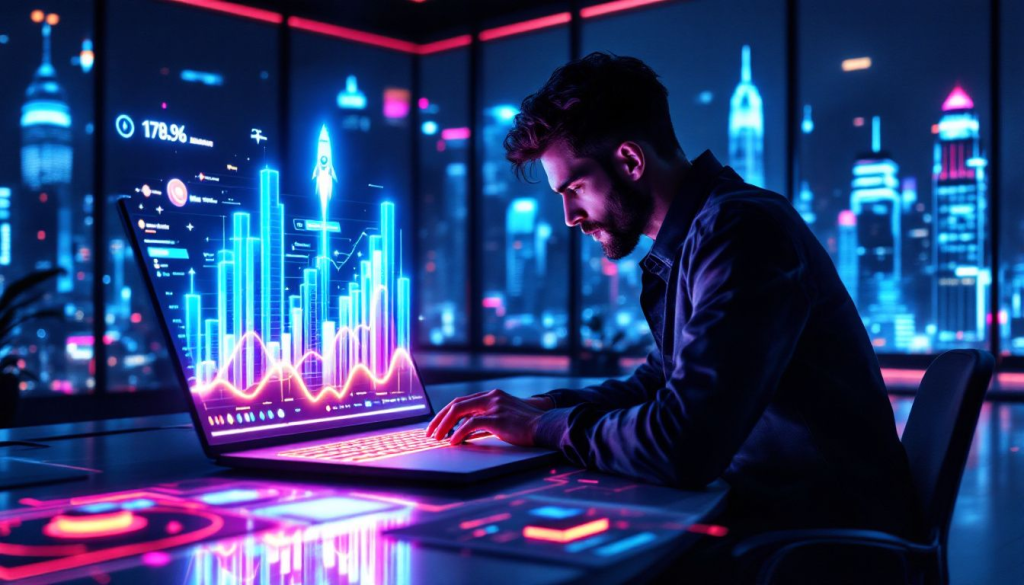 A person works on a futuristic laptop displaying digital graphs and charts, unraveling the ecommerce equation against a cityscape with neon lights.