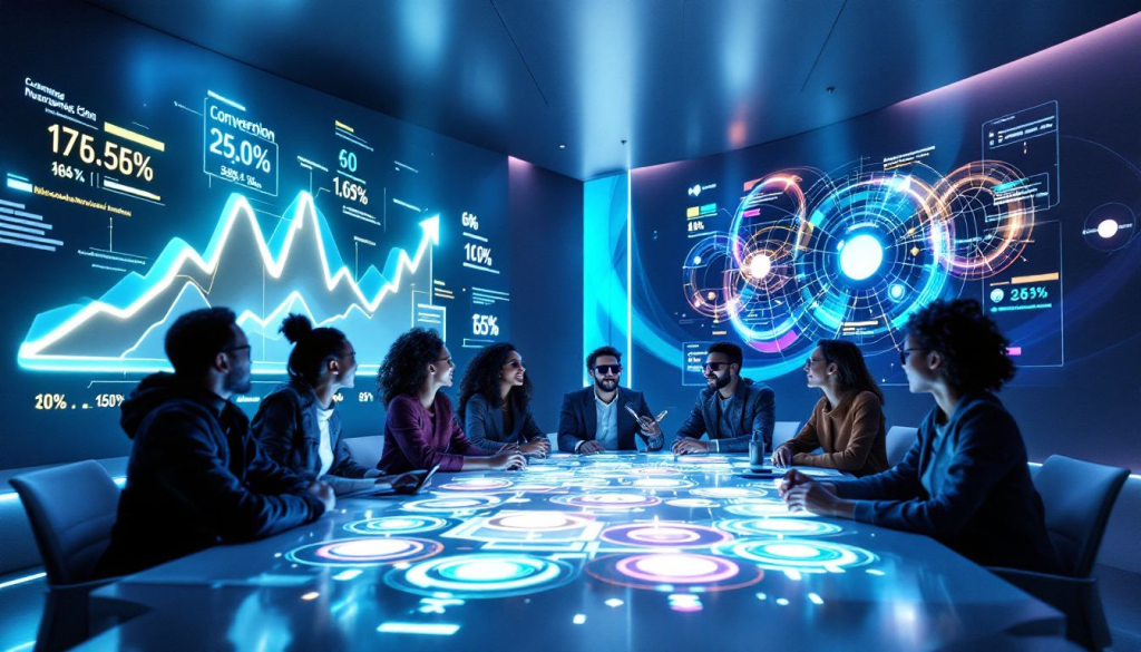 People sitting around a futuristic conference table with holographic screens displaying ecommerce data charts and graphs, solving the equation for success in the digital marketplace.