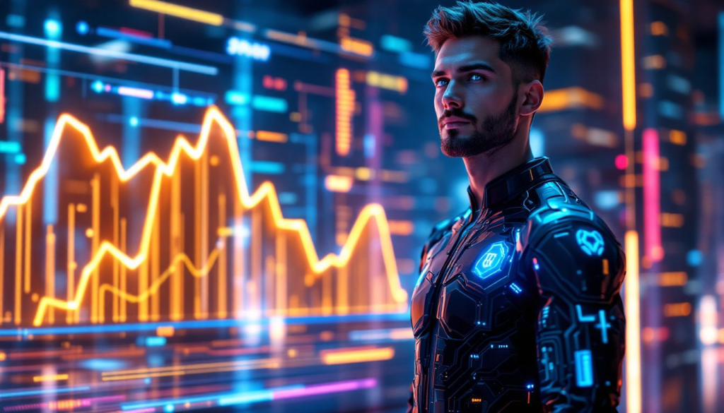 A person in a futuristic suit stands in front of a digital wall, where ecommerce graphs and data equations illuminate the space with vibrant clarity.