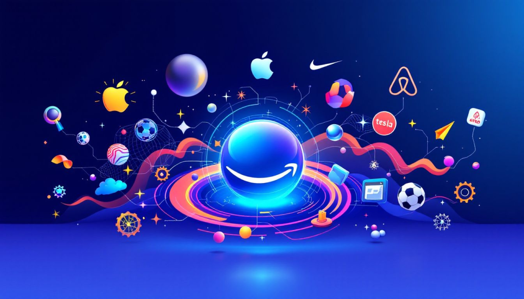 A digital collage showcases various technology and sports logos orbiting a central glowing sphere, forming an intriguing ecommerce equation against a vibrant blue background.