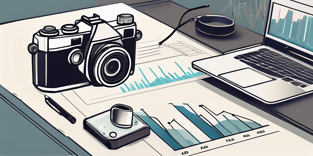 Illustration of a desktop with a vintage camera, laptop, smartphone, coffee cup, and documents containing graphs and data analysis.