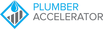 Logo featuring a blue water drop above gray pipes inside a diamond shape, with "Plumber Accelerator" to the right—ideal branding for a plumbing business coach in Brisbane.