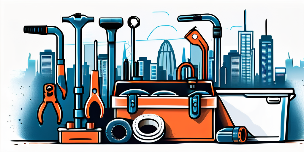A cartoon illustration of a toolbox with tools and a city skyline designed by a digital product coach.