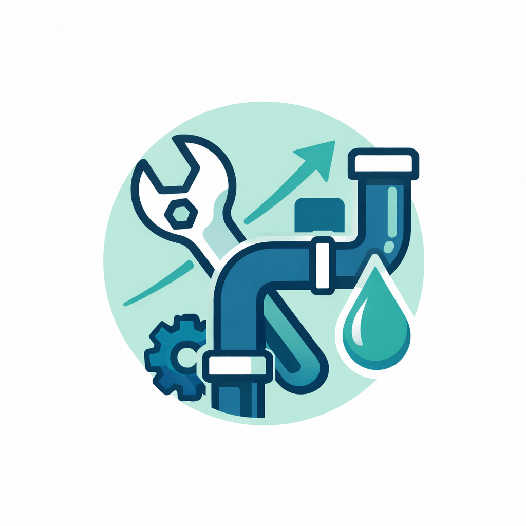Illustration of plumbing pipes, a wrench, a gear, a water droplet, and an upward arrow, symbolizing plumbing services or pipe maintenance and repair with an element of business coaching for industry professionals.