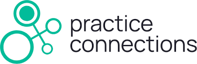 Logo with three interconnected green circles on the left and the words "practice connections" in black lowercase letters on the right, representing business coaching for accountants.