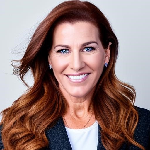 A person with long wavy brown hair is smiling, wearing a dark blazer and earrings against a plain background.