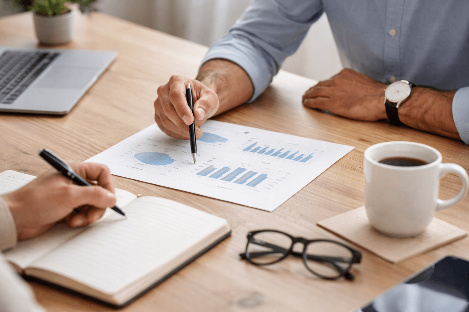 Two people review printed charts and graphs at a desk, with a notebook, laptop, eyeglasses, and a cup of coffee visible nearby.