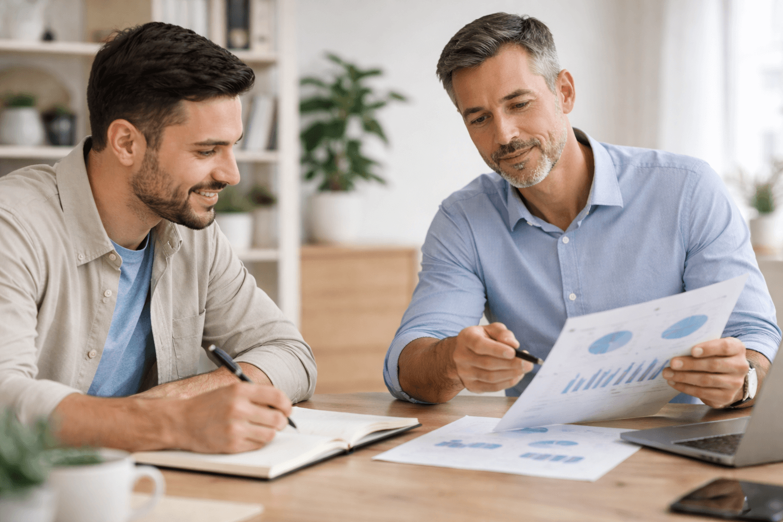 Two men sit at a desk reviewing printed charts and graphs, one taking notes while the other points to data on a sheet of paper.