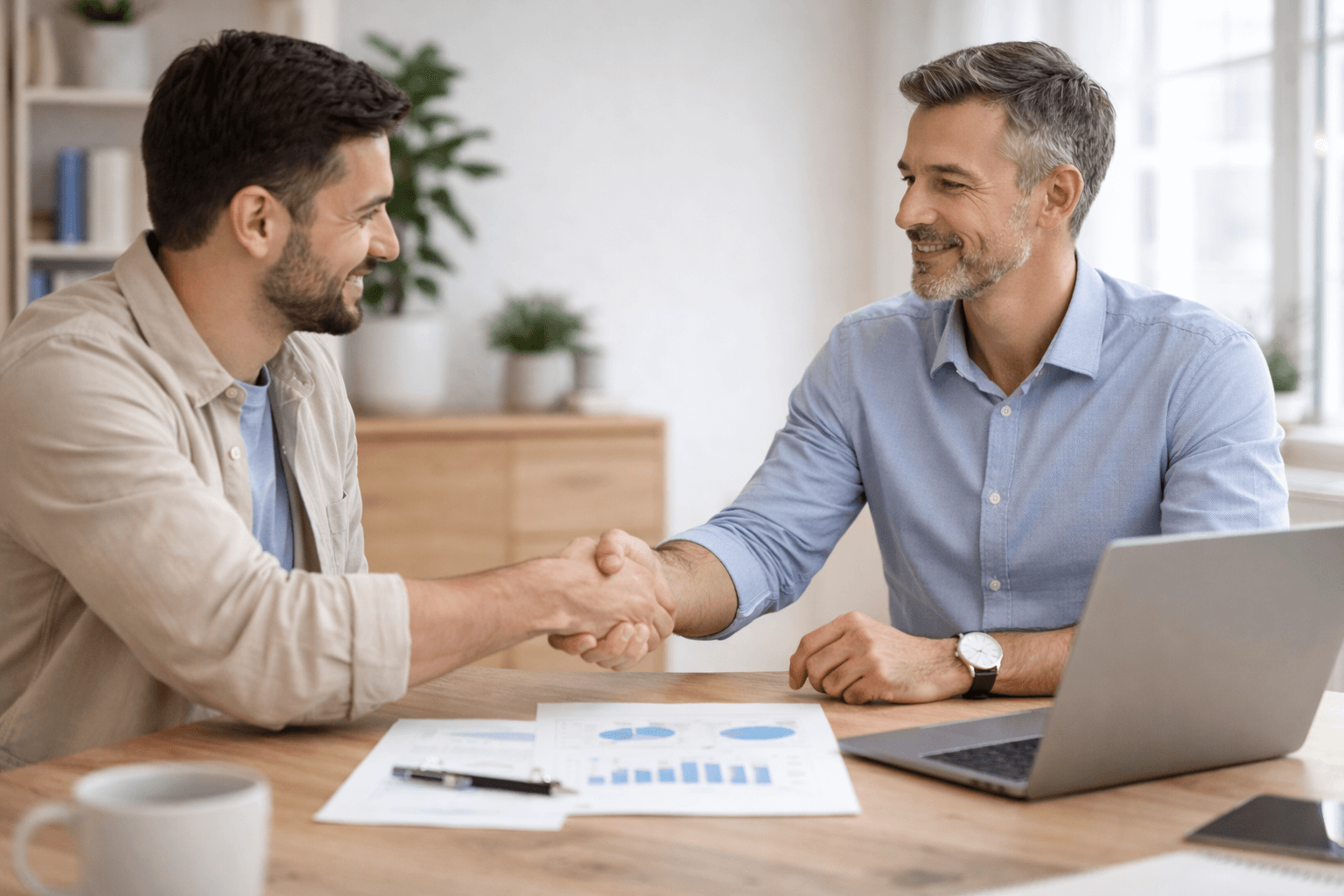 Two men in business attire shake hands across a desk with documents, a laptop, and a cup of coffee, suggesting a professional agreement or successful meeting.
